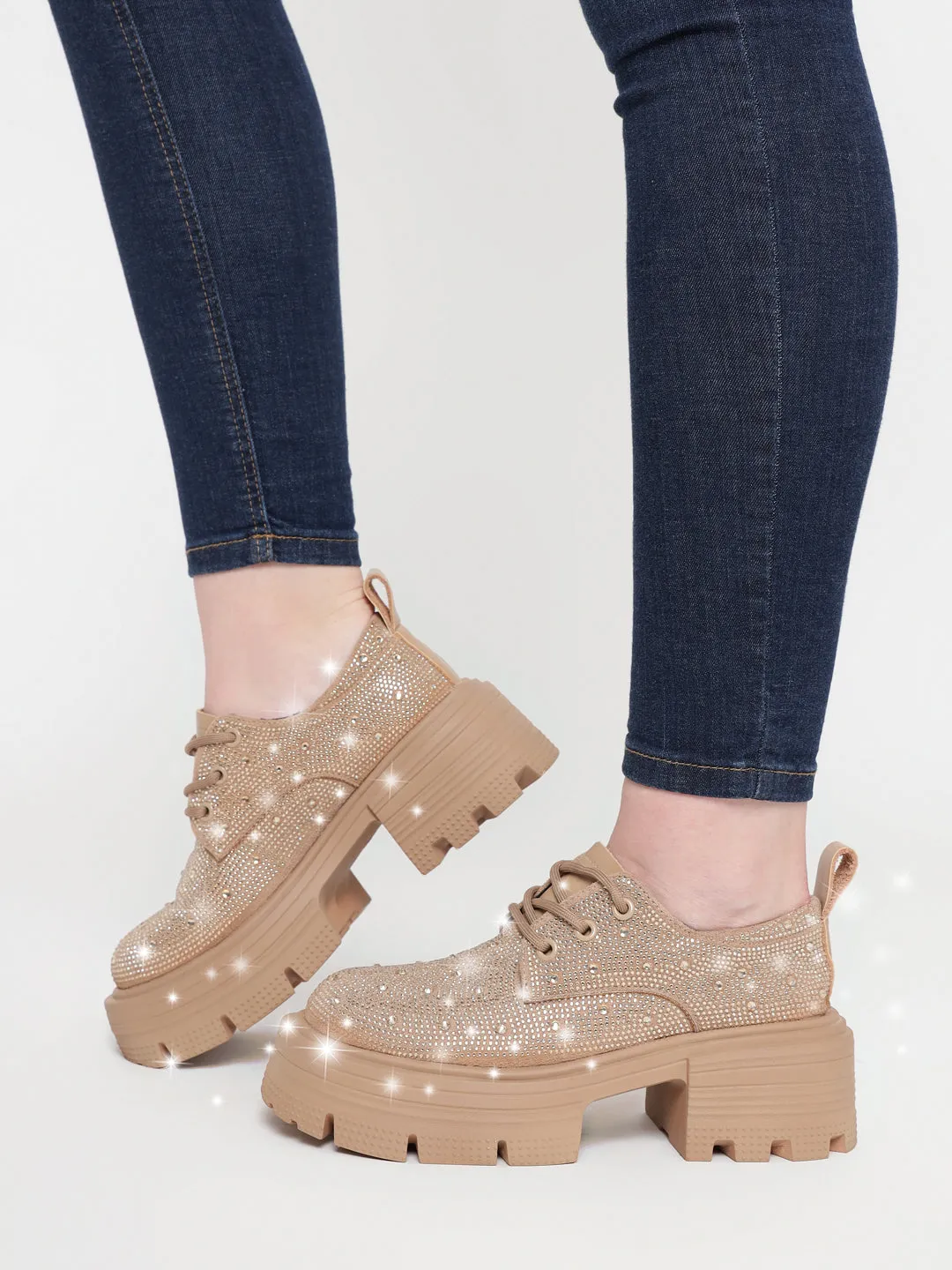 Khaki Diamante Embellished Lace-Up Sneakers (TC-RS3640-KHA)