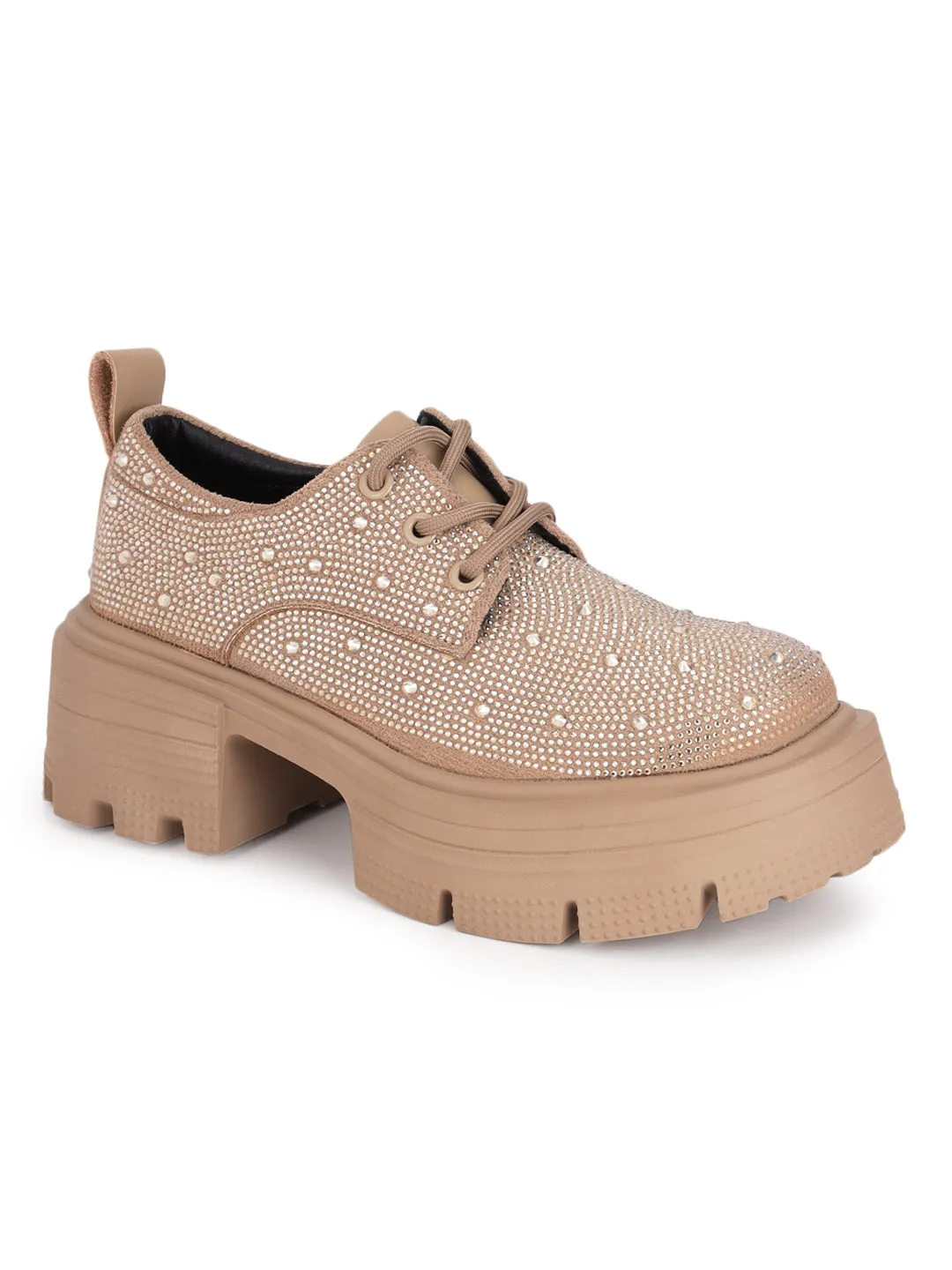 Khaki Diamante Embellished Lace-Up Sneakers (TC-RS3640-KHA)