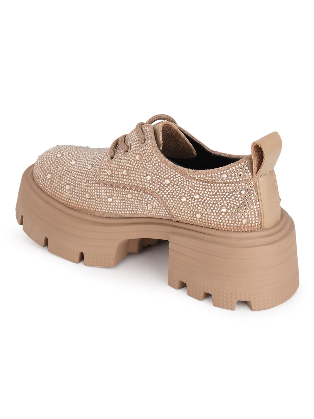 Khaki Diamante Embellished Lace-Up Sneakers (TC-RS3640-KHA)