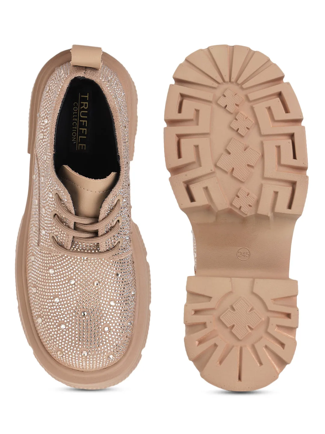 Khaki Diamante Embellished Lace-Up Sneakers (TC-RS3640-KHA)