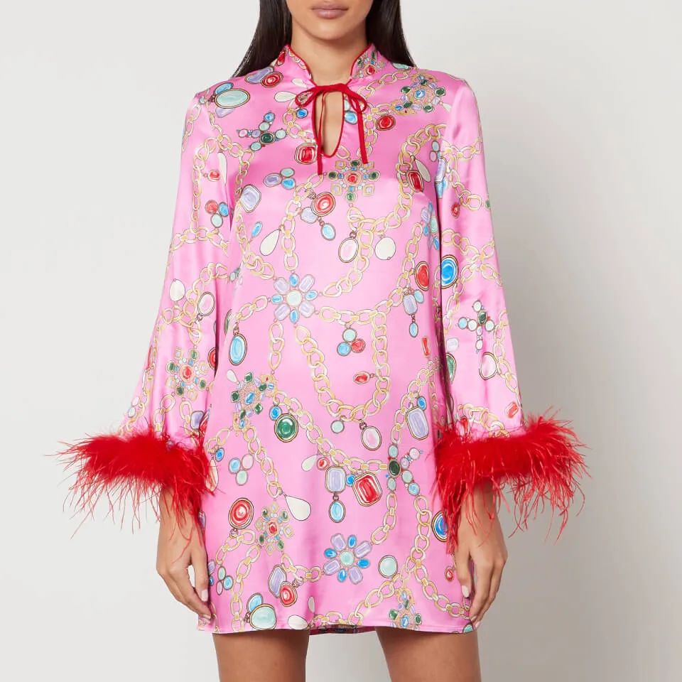 Kitri Carlotta Printed Feather-Trimmed Satin Mini Dress - UK 8 | Coggles