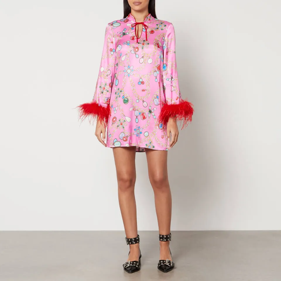 Kitri Carlotta Printed Feather-Trimmed Satin Mini Dress - UK 8 | Coggles