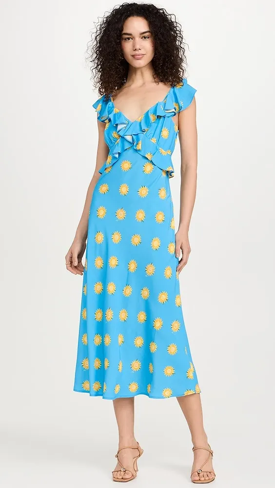 KITRI   Rosemary Blue Sunflower Print Midi Dress 