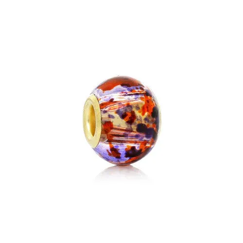 Large Hole Glass Beads, Purple, Orange, Mottled, Gold Plated Core, Rondelle, 14x11mm