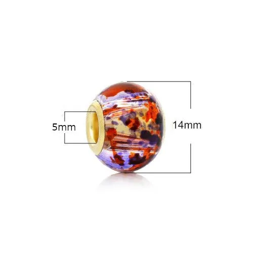 Large Hole Glass Beads, Purple, Orange, Mottled, Gold Plated Core, Rondelle, 14x11mm