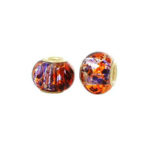 Large Hole Glass Beads, Purple, Orange, Mottled, Gold Plated Core, Rondelle, 14x11mm