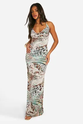 Leopard Cowl Neck Slinky Maxi Dress