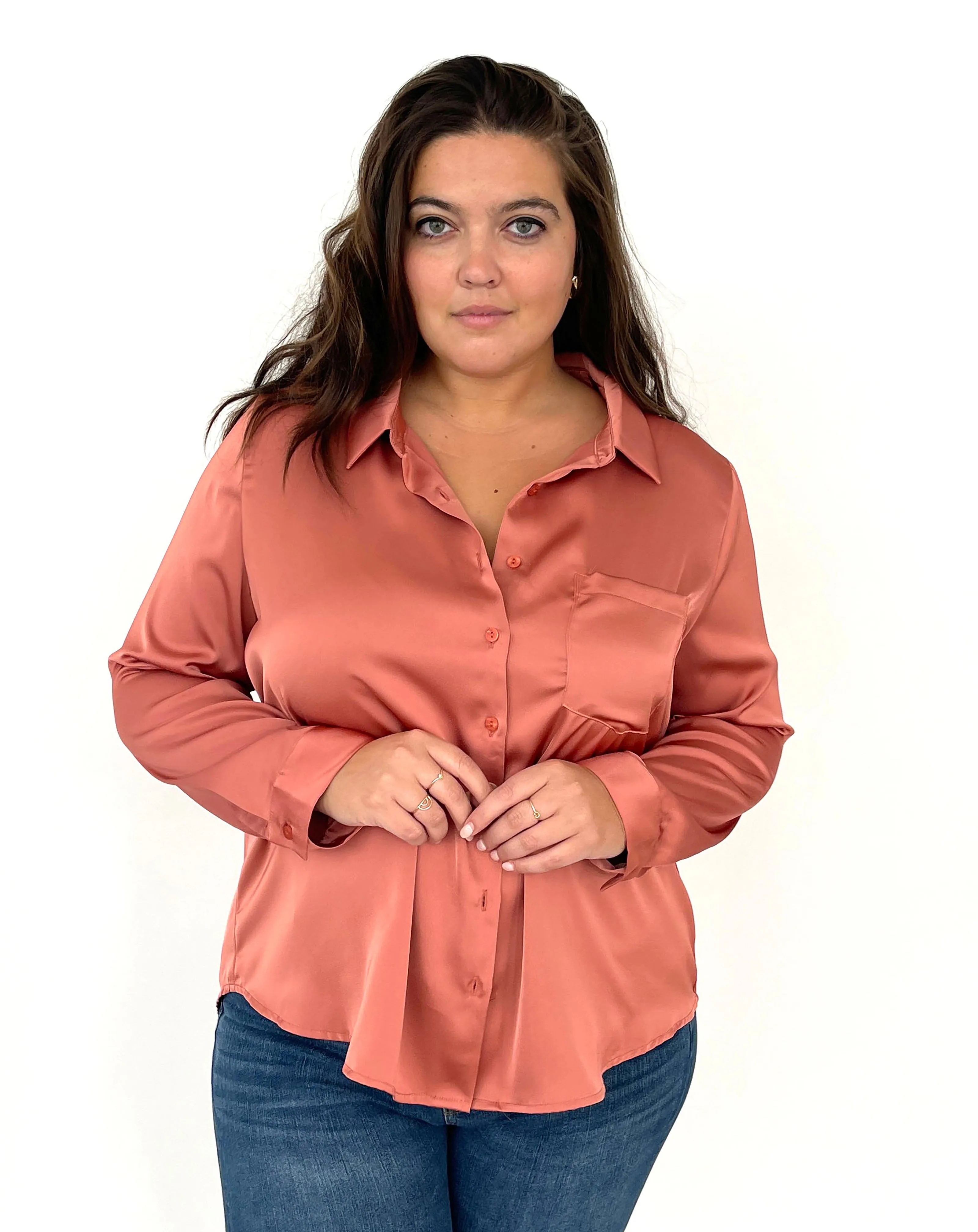 Mallow Satin Button Down - Terra Cotta