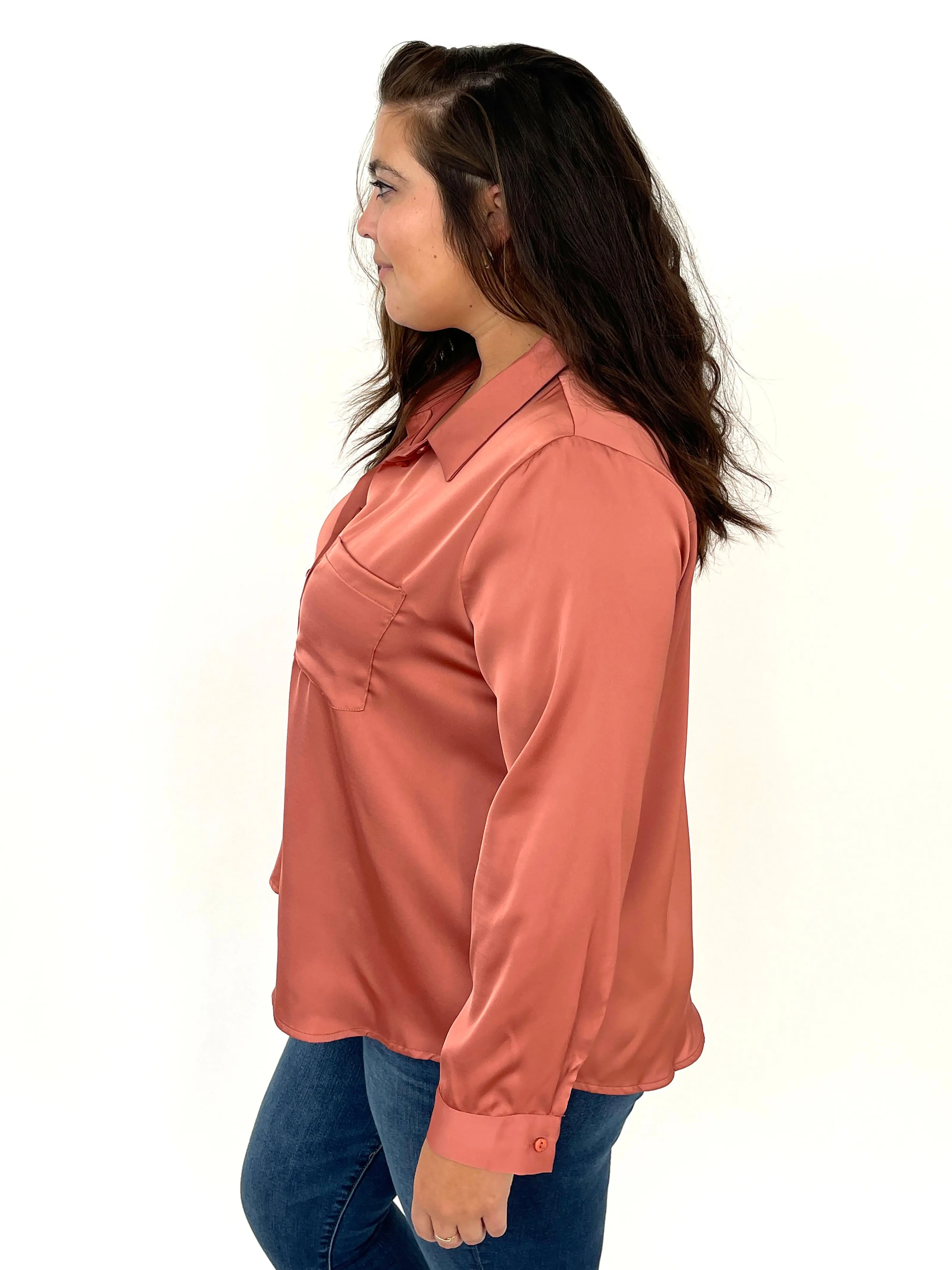 Mallow Satin Button Down - Terra Cotta