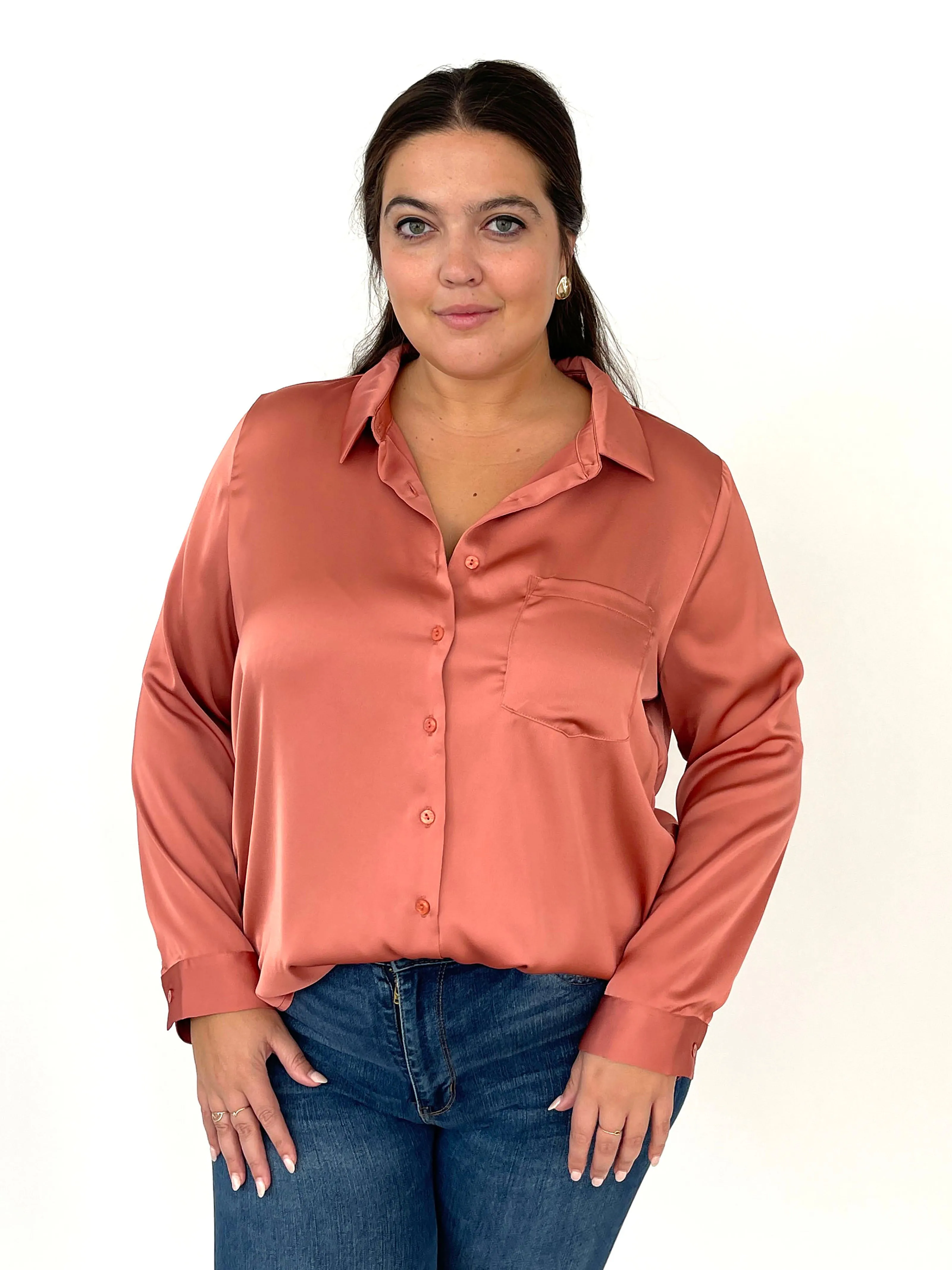 Mallow Satin Button Down - Terra Cotta