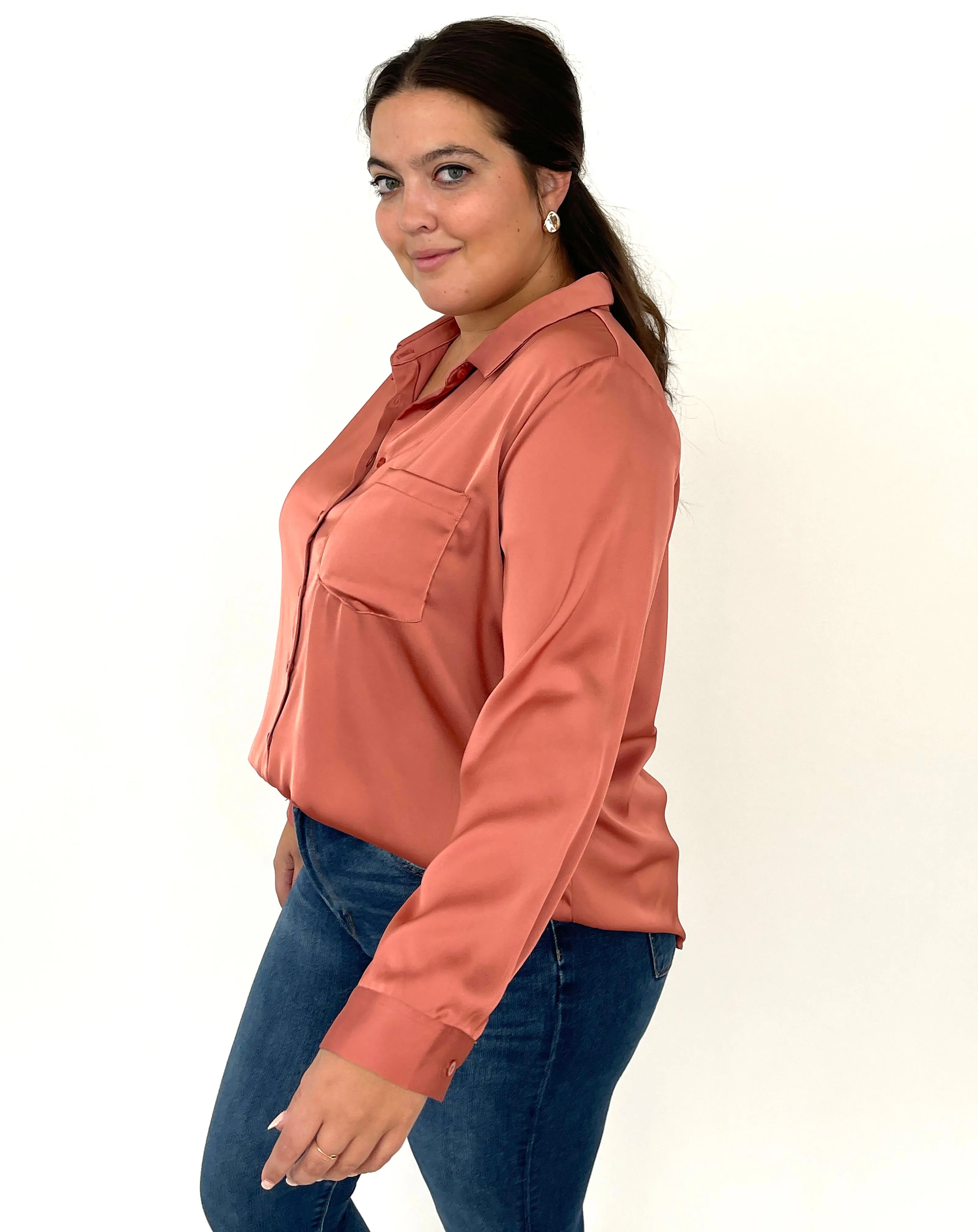 Mallow Satin Button Down - Terra Cotta