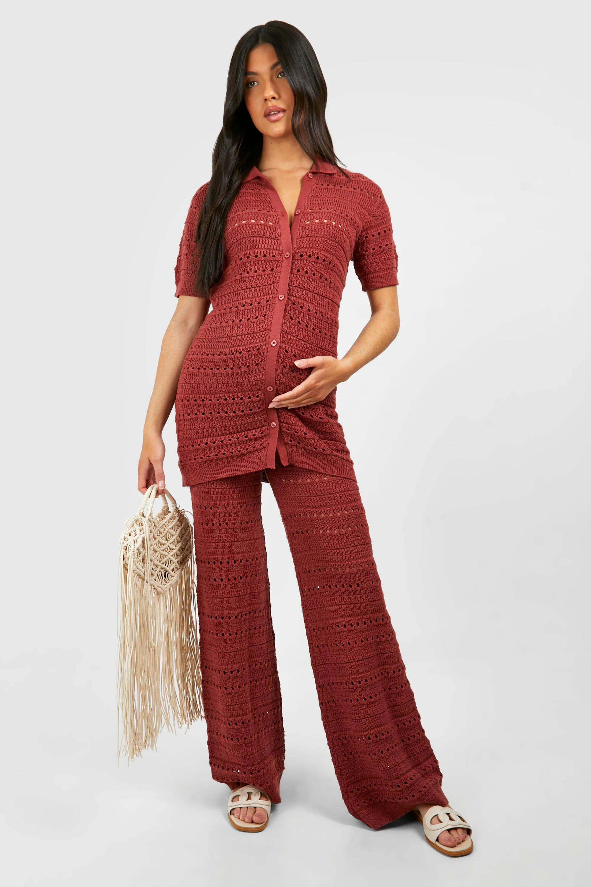 Maternity Crochet Knitted Shirt And Wide Leg Pants Two-Piece