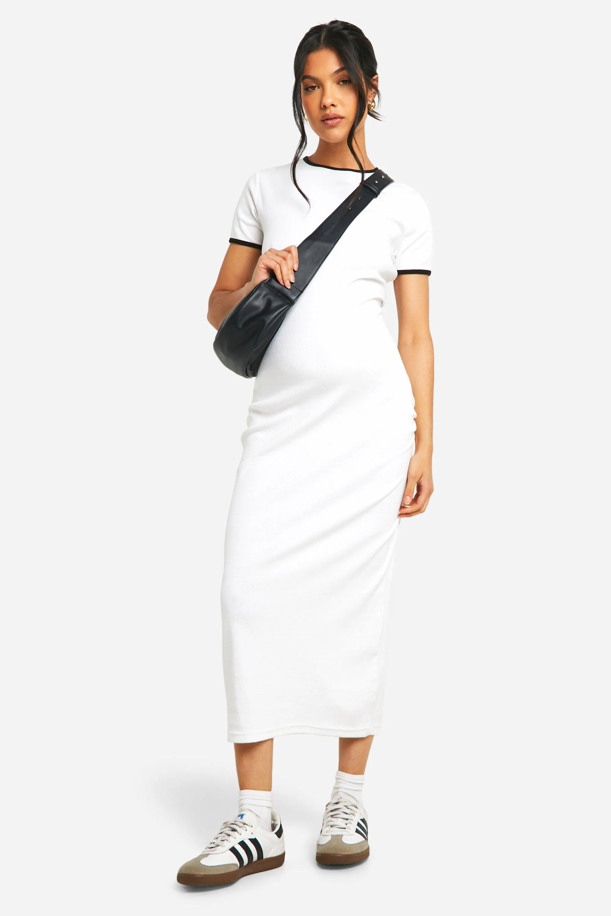 Maternity Ribbed Cap Sleeve Contrast Binding Midaxi Dress