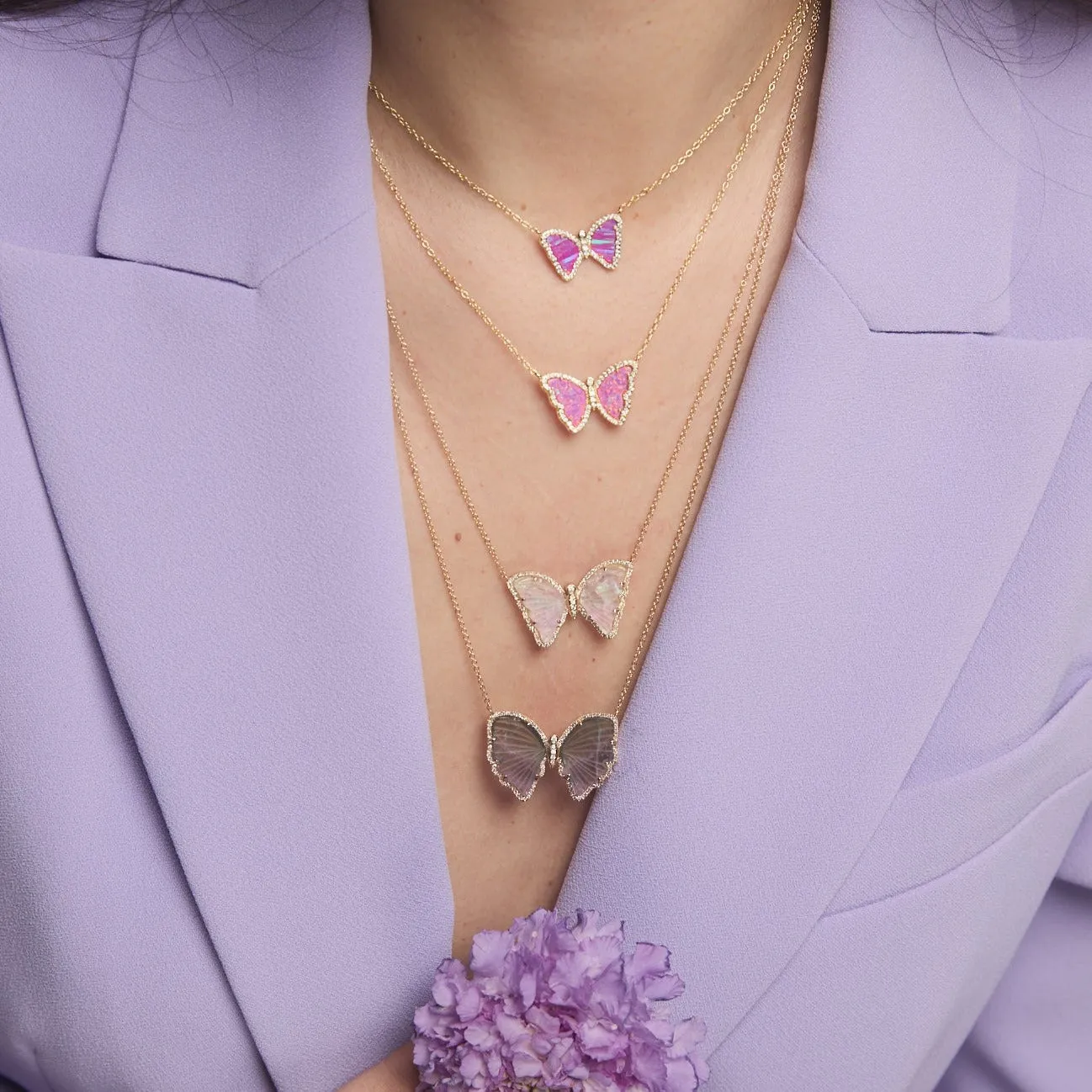 Mauve and Purple Tourmaline Butterfly Necklace with Diamonds