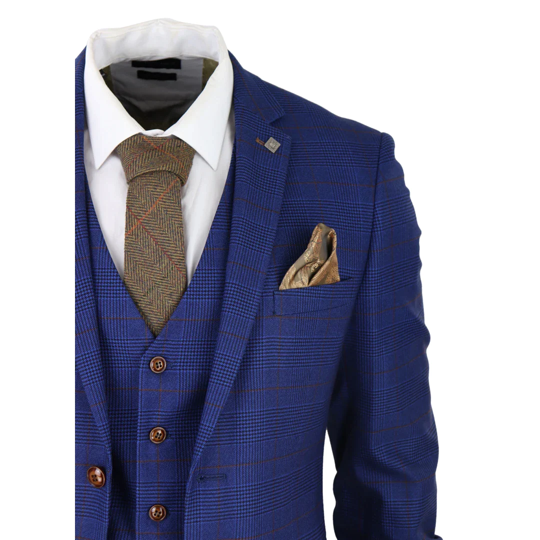 Mens Blue Brown Check 3 Piece Suit Tailored Fit Wedding Prom Races Prince Of Wales