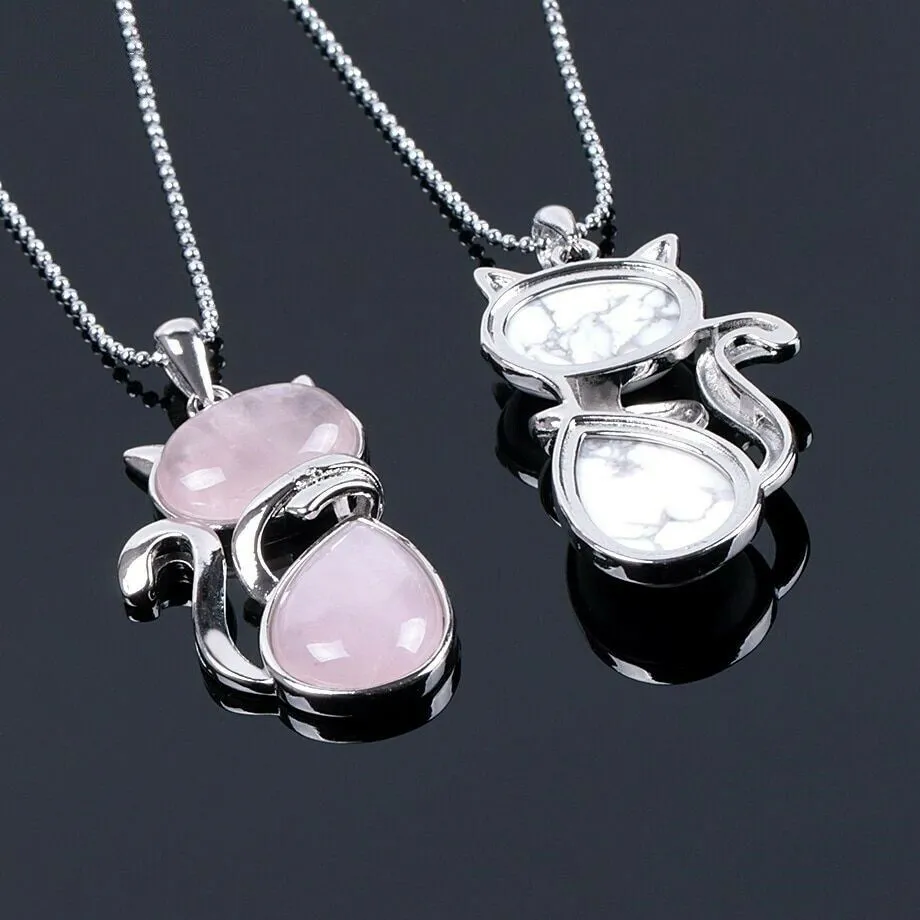 Natural Pink Rose Quartz Cat Shape Pendant Necklace 18