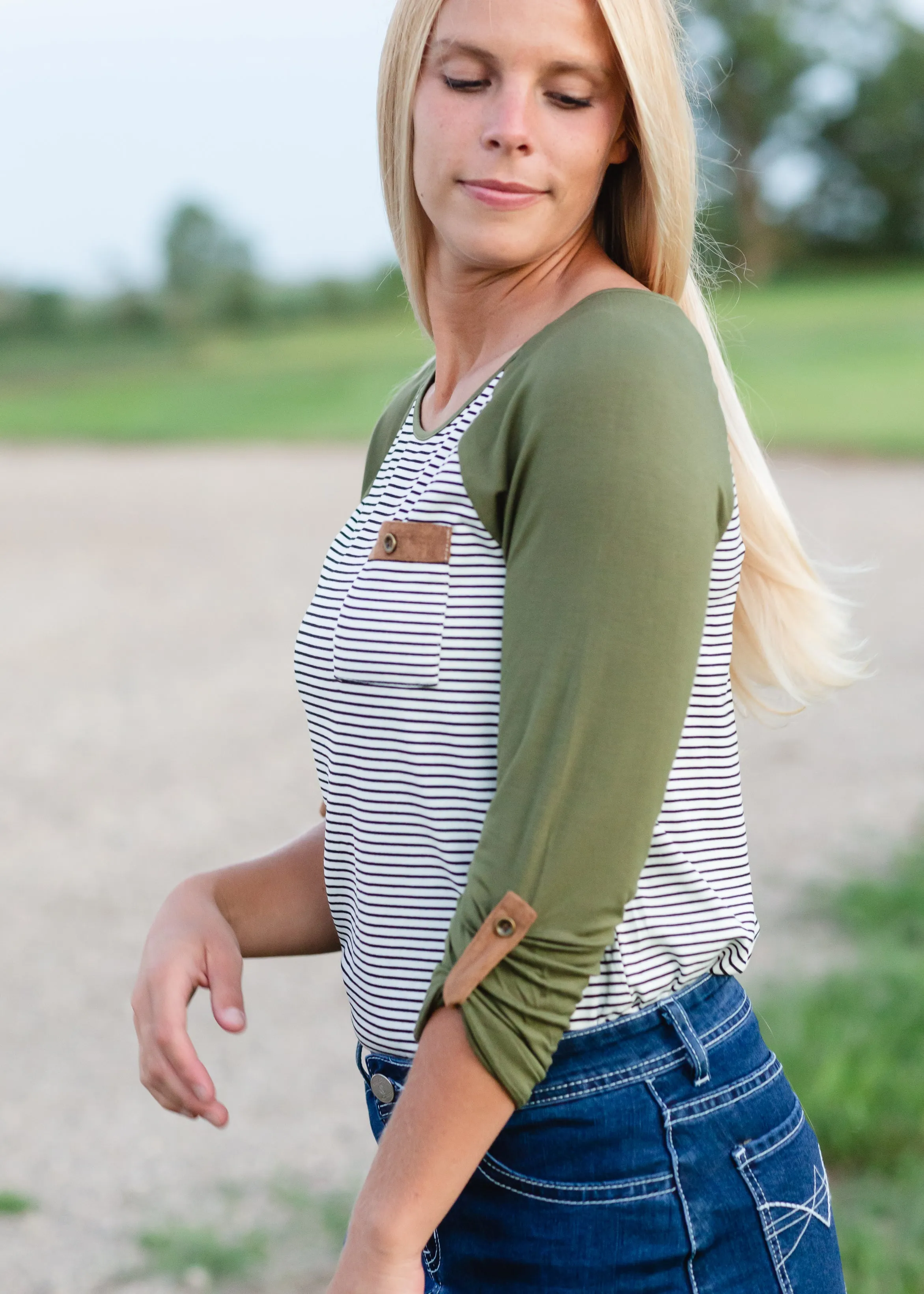 Olive Striped Suede Pocket Raglan