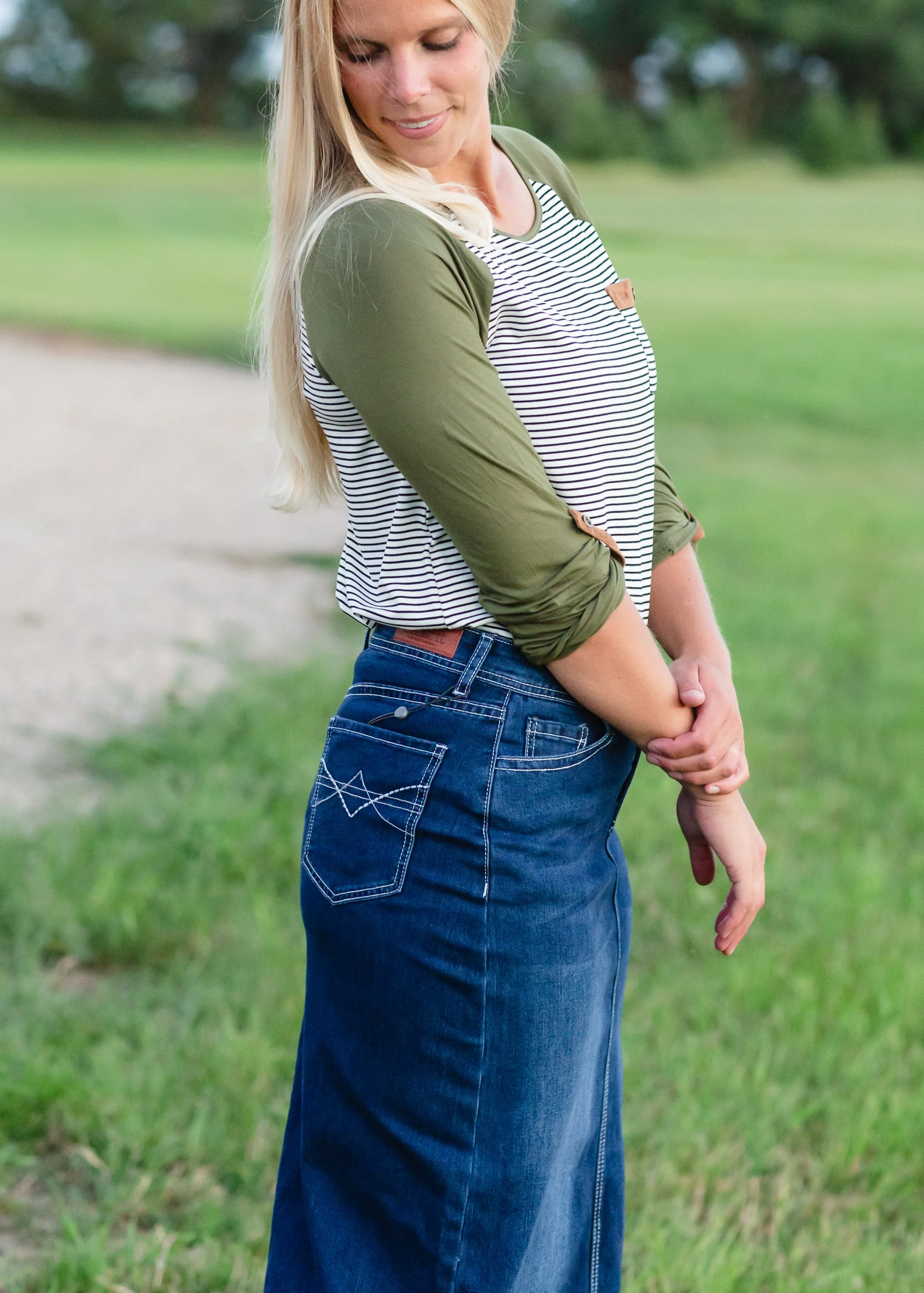 Olive Striped Suede Pocket Raglan