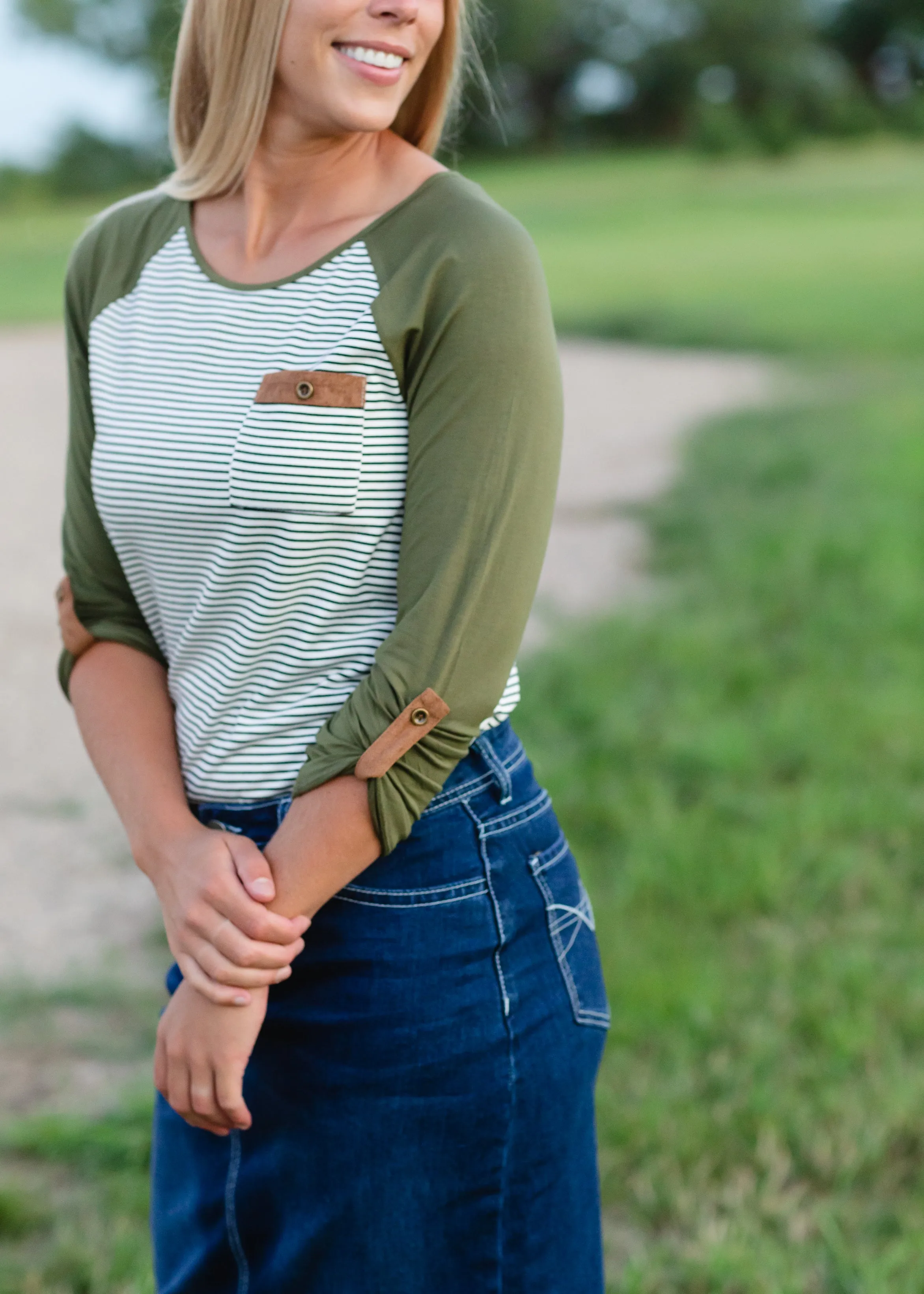 Olive Striped Suede Pocket Raglan