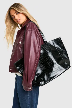 Oversized Faux Leather Croc Tote Day Bag