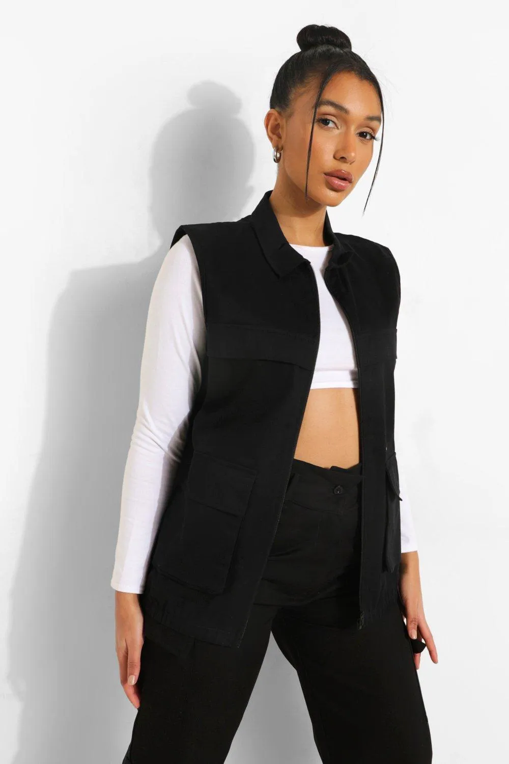 Oversized Pocket Detail Twill Vest