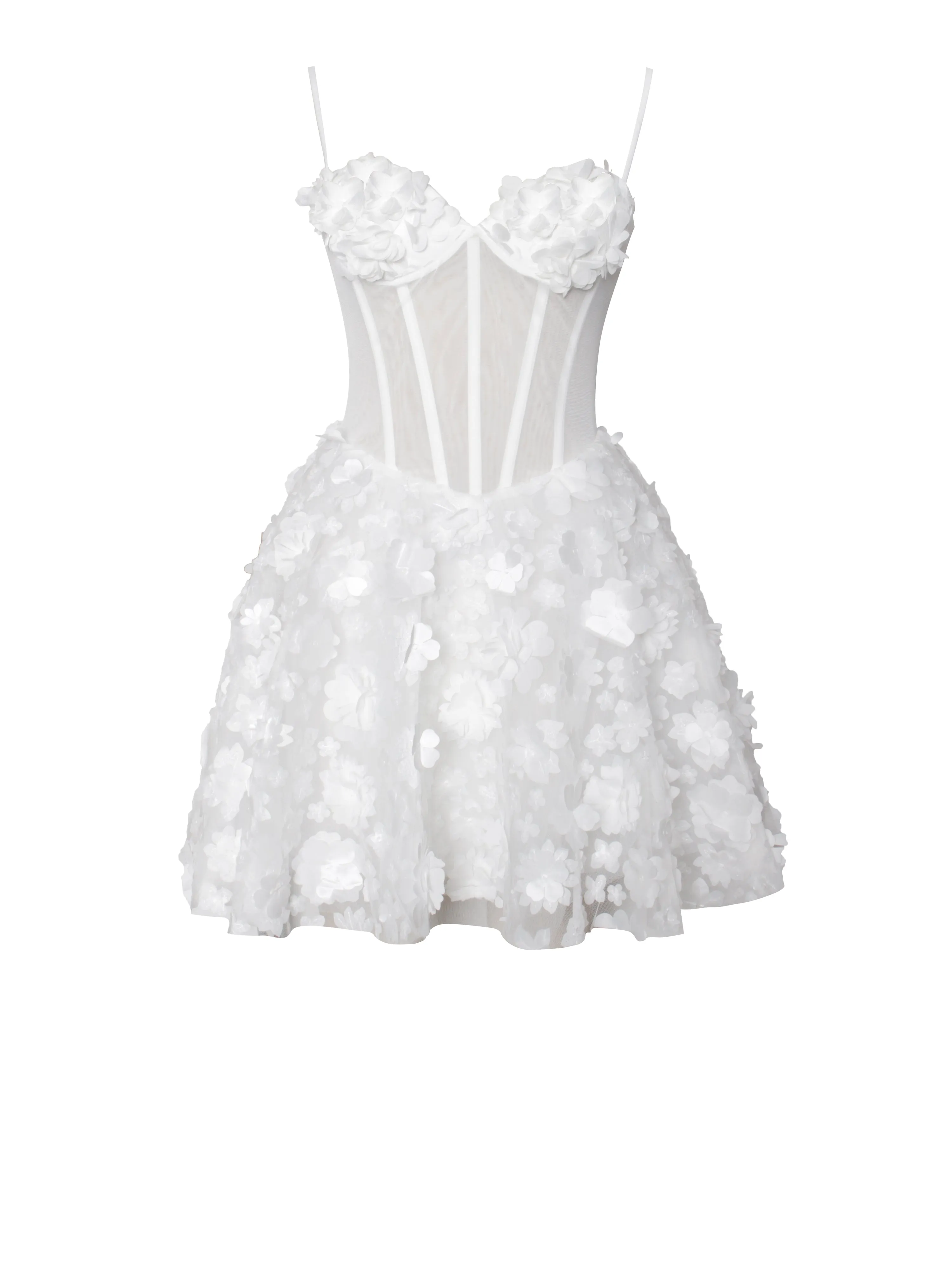 Pamila White Floral Mesh Puffy Mini Dress