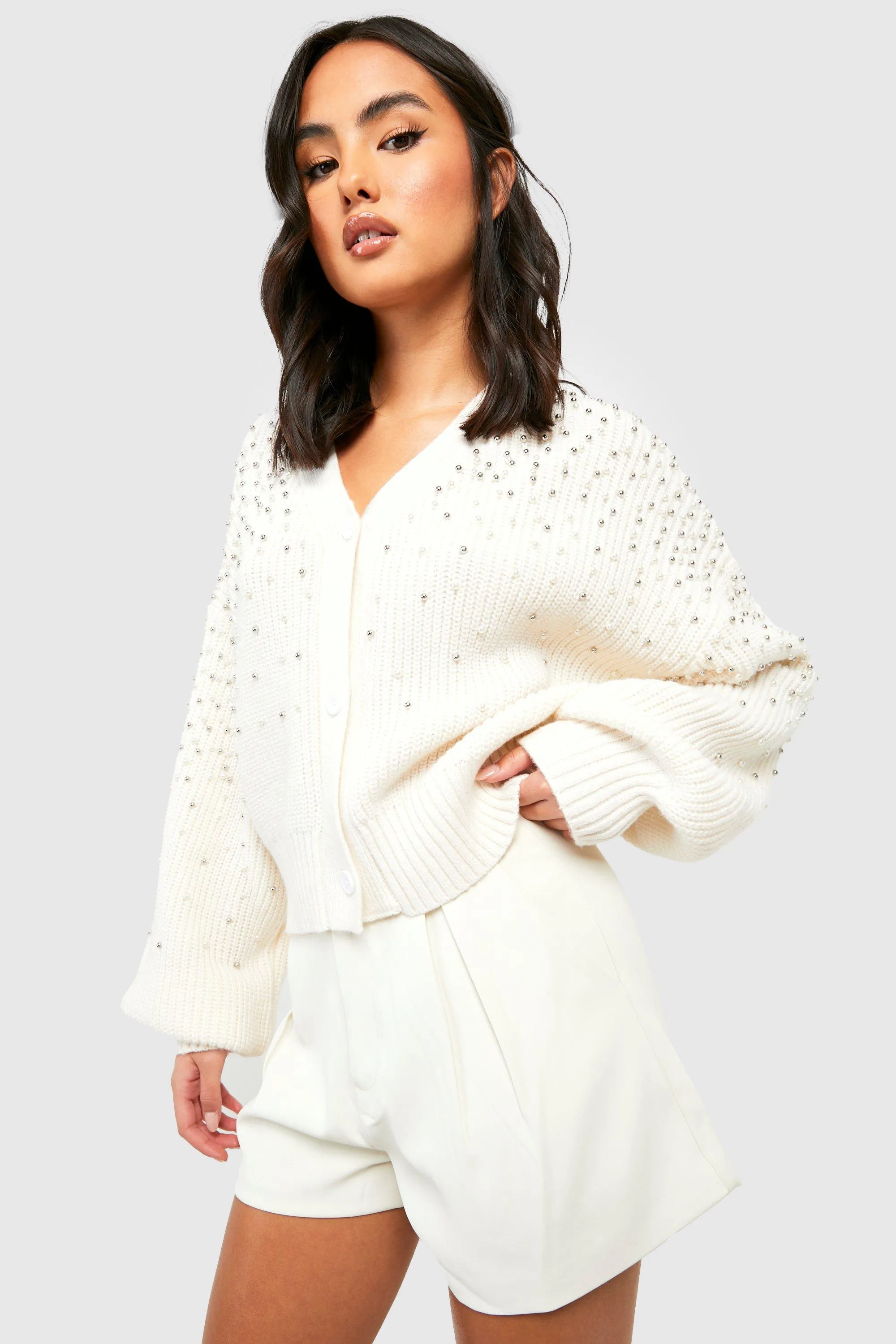 Pearl Detail Soft Knit Slouchy Cardigan