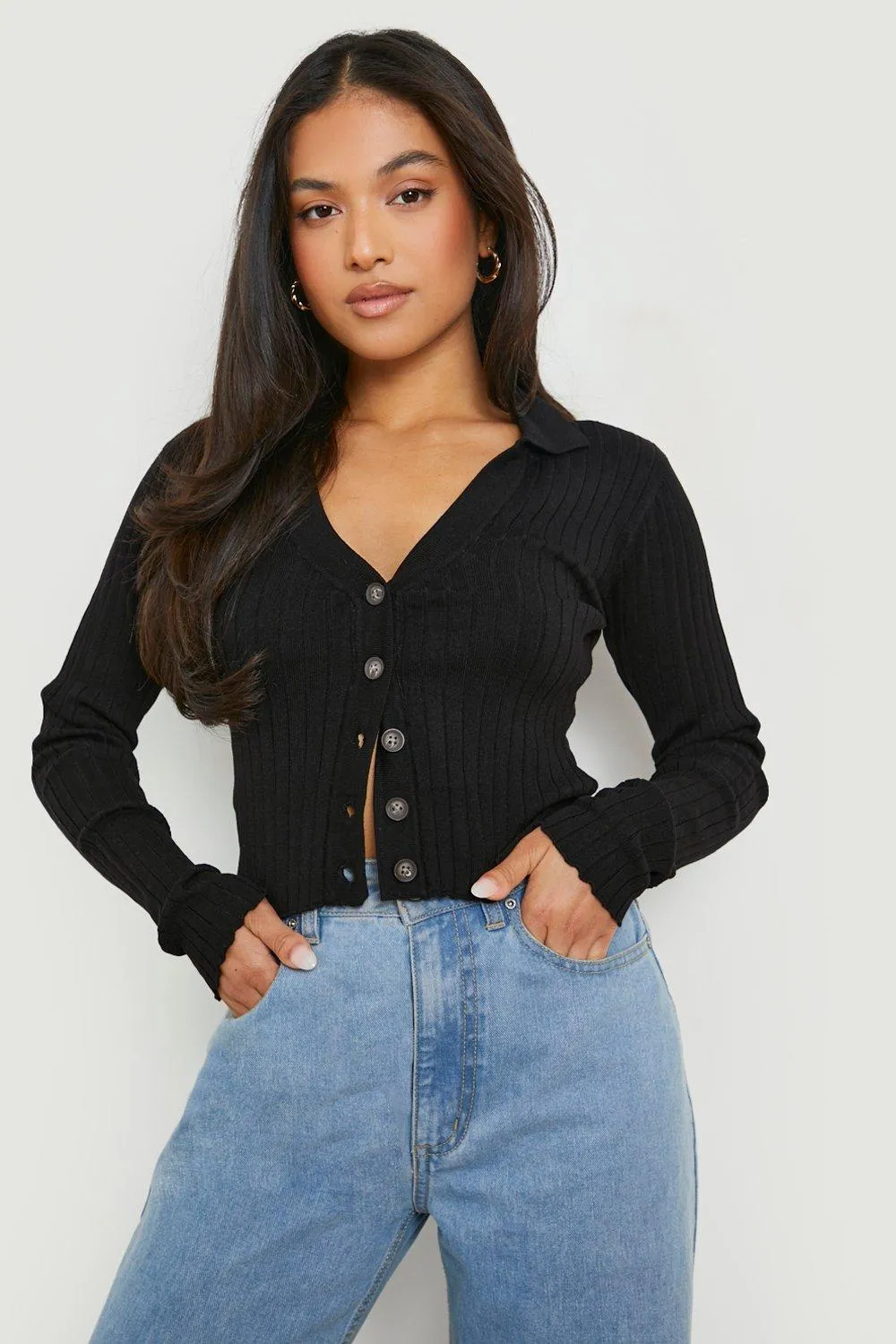 Petite Buttoned Rib Knit Cardigan