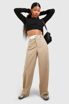 Petite Contrast Asymmetric Waistband Straight Leg Pants