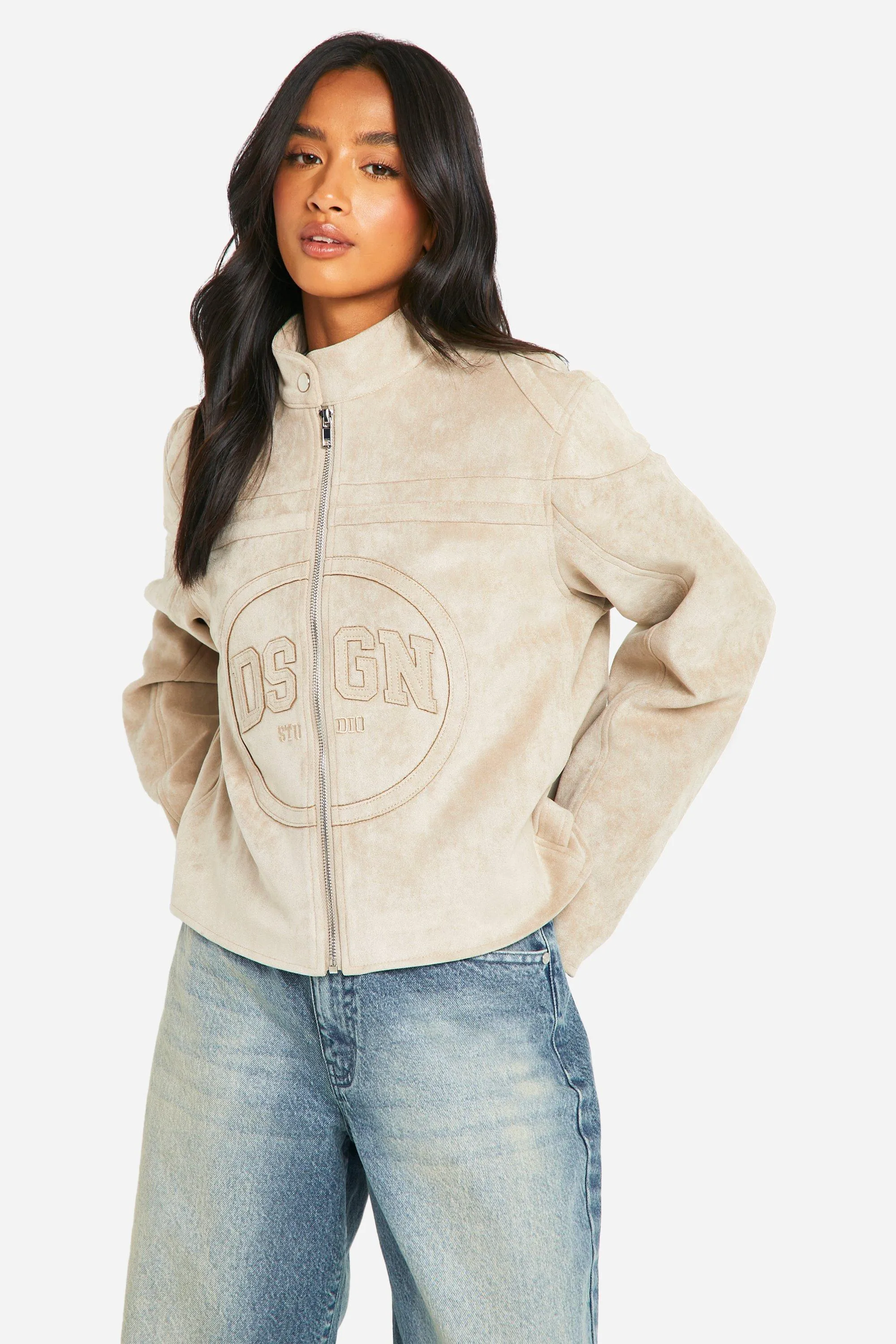 Petite Embossed Faux Suede Moto Jacket