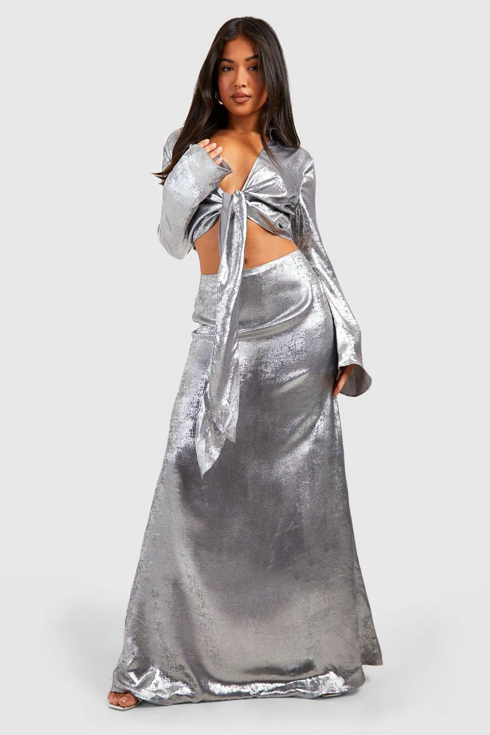 Petite Metallic Bias Cut Maxi Skirt