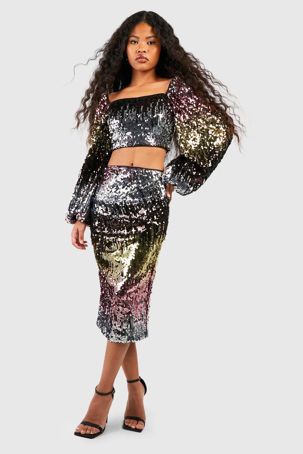 Petite Sequin Ombre Ruched Midi Skirt