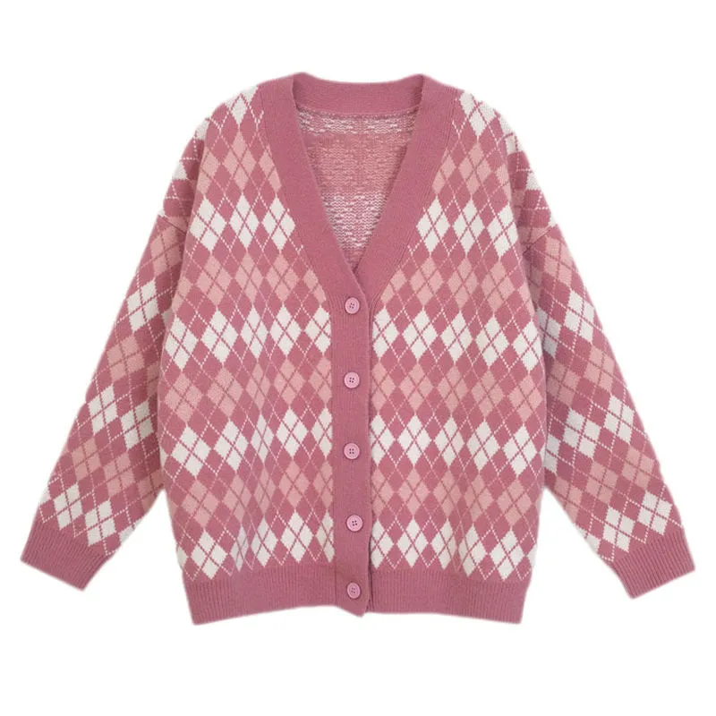 Pink Argyle Knit Cardigan