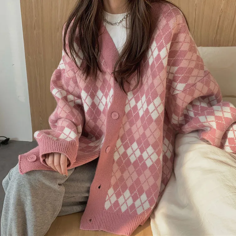 Pink Argyle Knit Cardigan