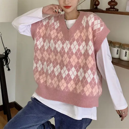 Pink Argyle Knit Cardigan