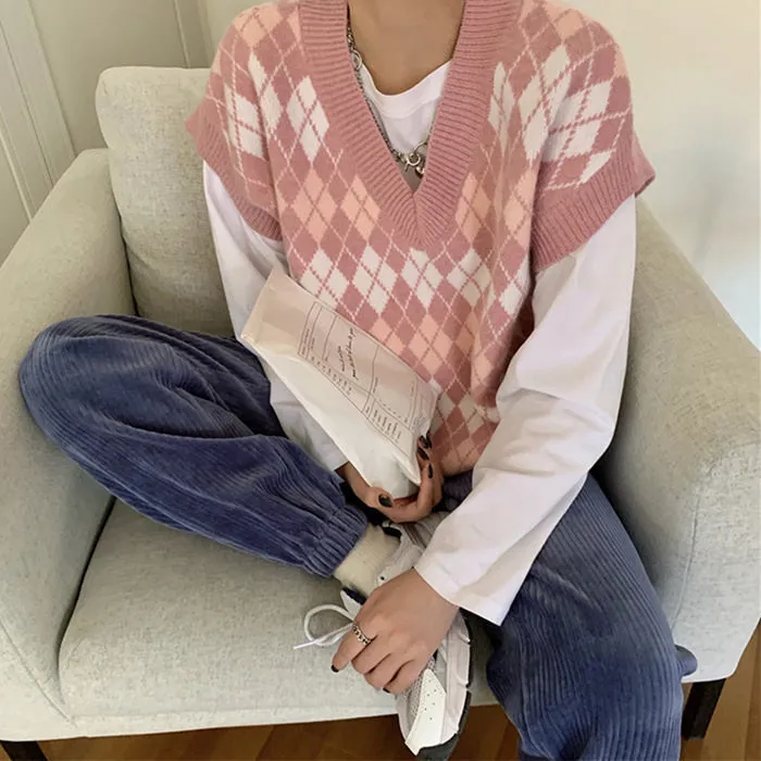 Pink Argyle Knit Cardigan