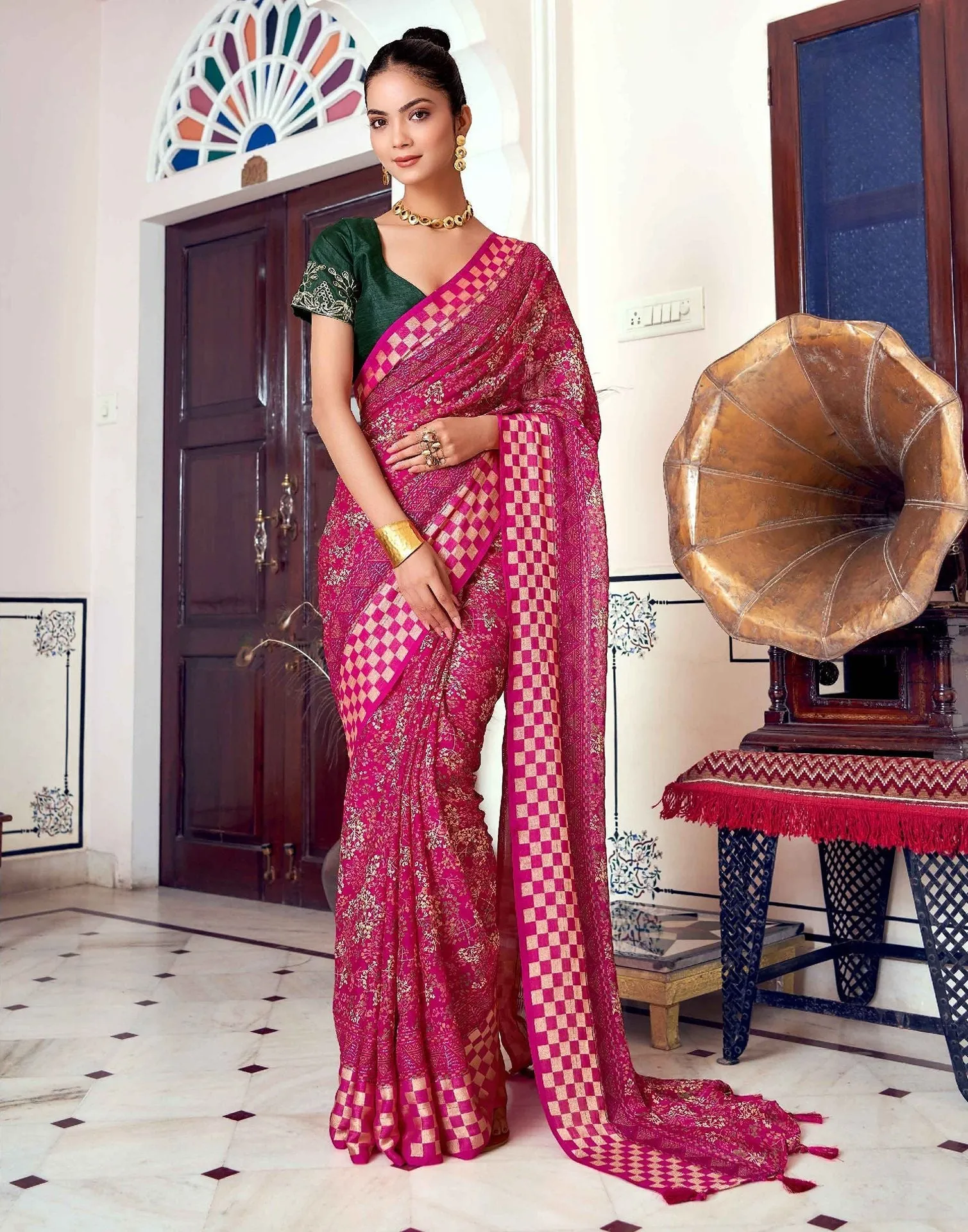 Pink Printed Georgette Saree