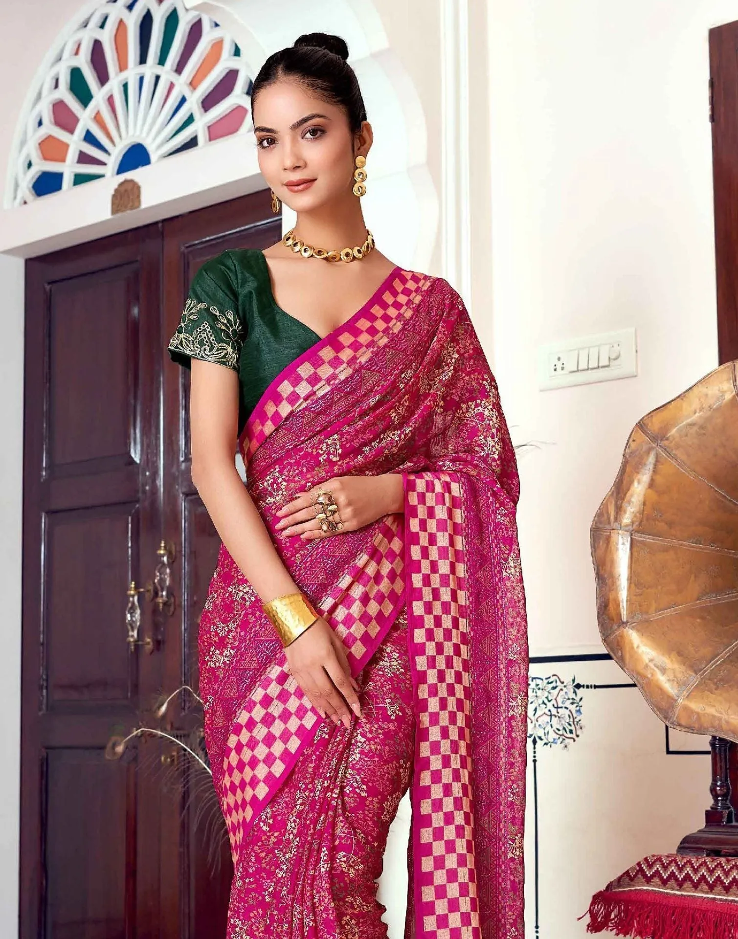 Pink Printed Georgette Saree