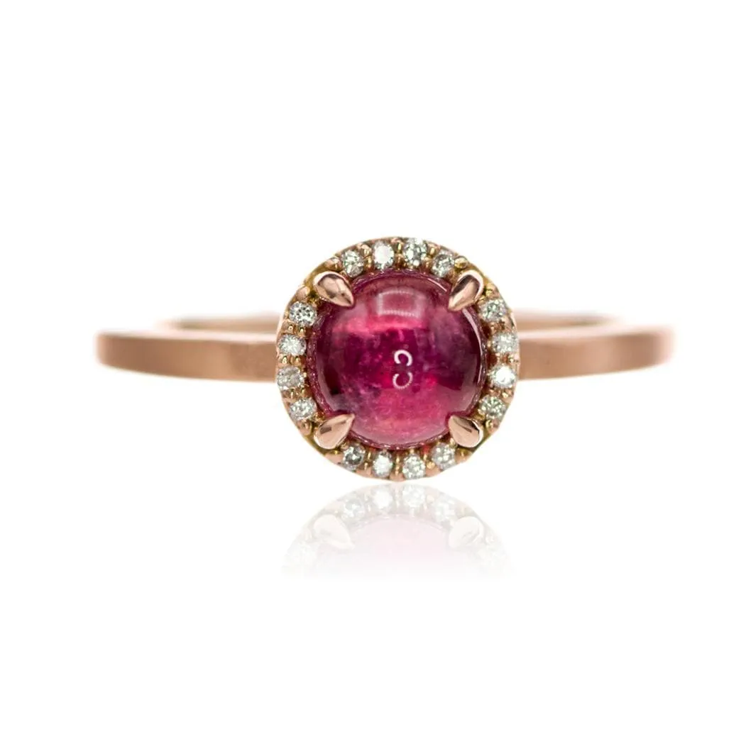 Pink Tourmaline & White Diamond Halo Rose Gold Cocktail Ring, size 4 to 9