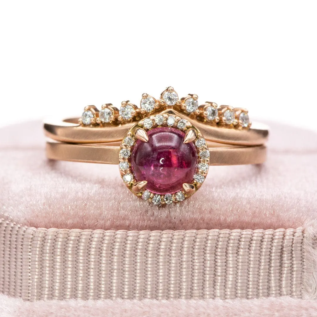 Pink Tourmaline & White Diamond Halo Rose Gold Cocktail Ring, size 4 to 9