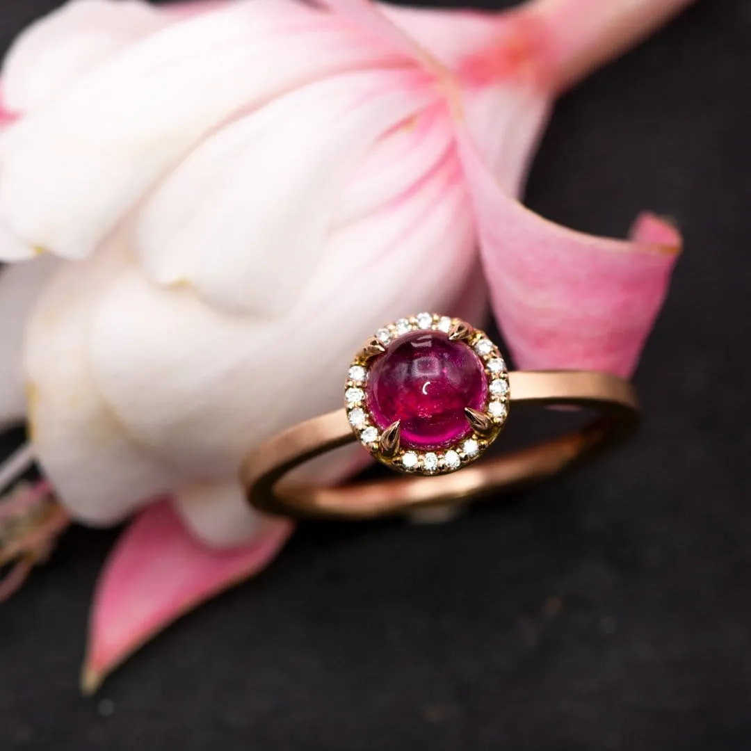 Pink Tourmaline & White Diamond Halo Rose Gold Cocktail Ring, size 4 to 9