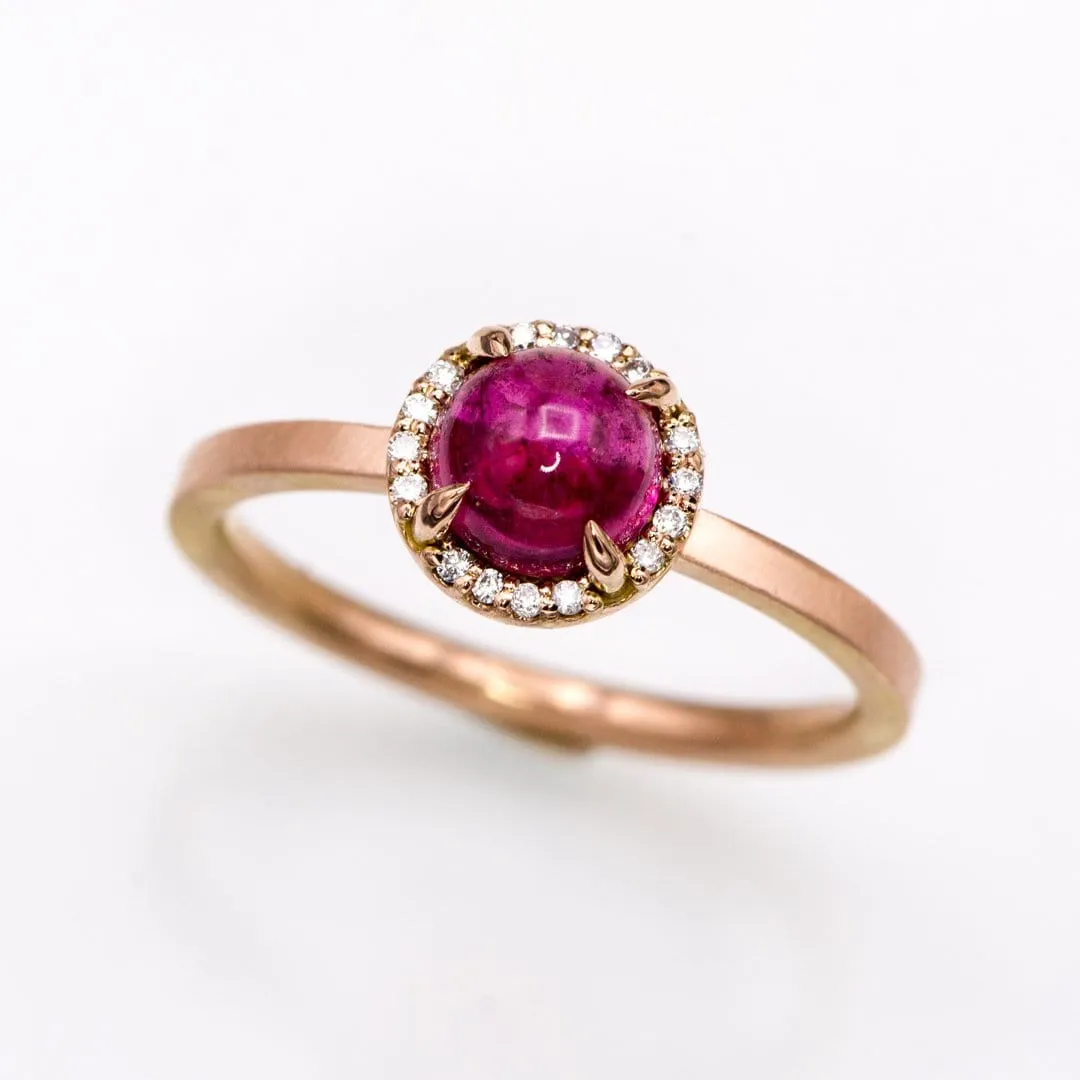 Pink Tourmaline & White Diamond Halo Rose Gold Cocktail Ring, size 4 to 9