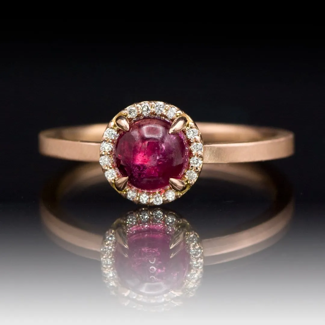 Pink Tourmaline & White Diamond Halo Rose Gold Cocktail Ring, size 4 to 9