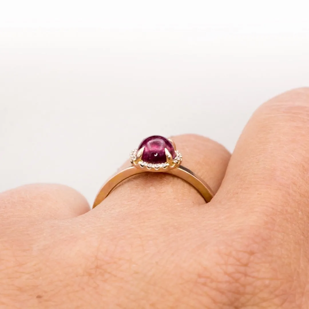 Pink Tourmaline & White Diamond Halo Rose Gold Cocktail Ring, size 4 to 9