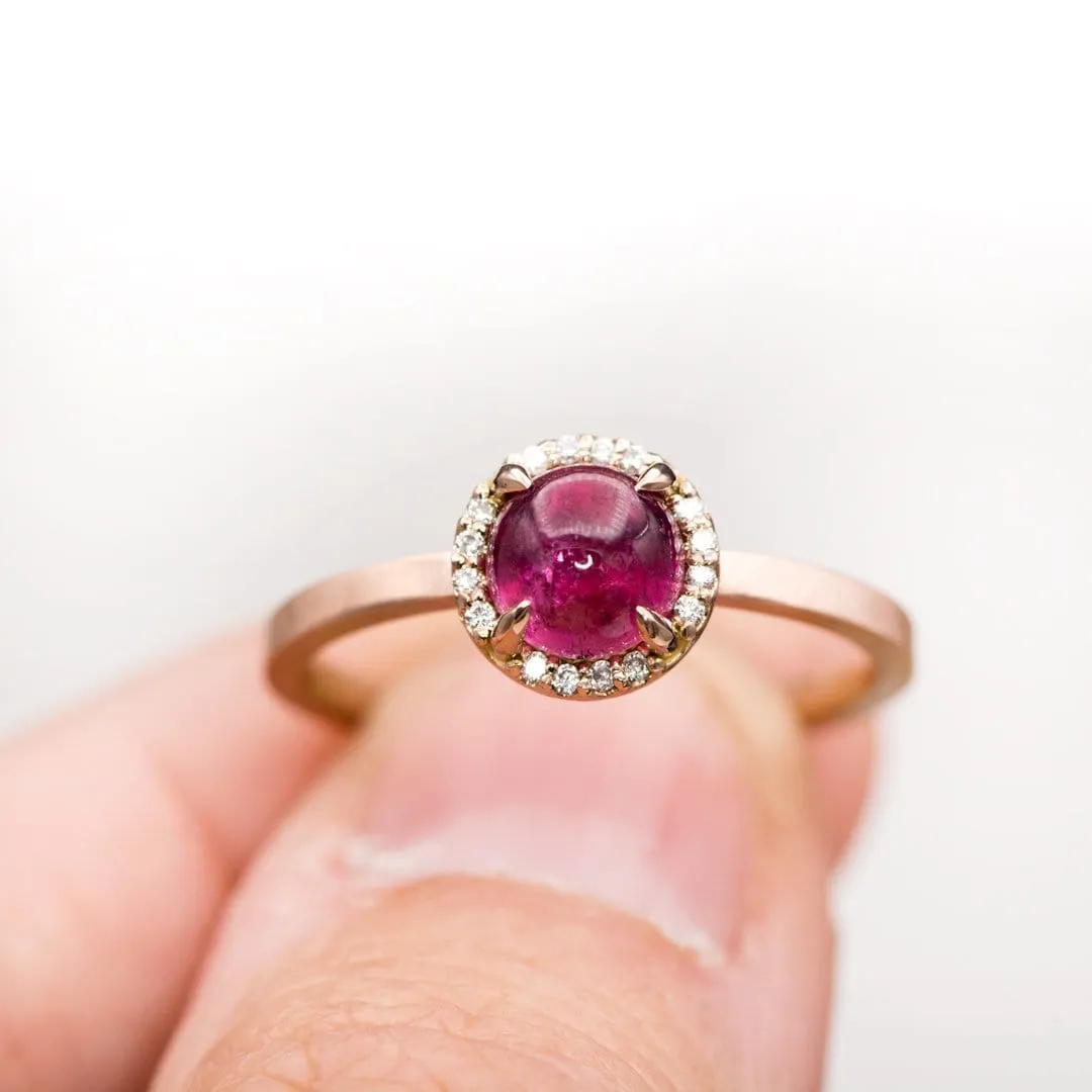 Pink Tourmaline & White Diamond Halo Rose Gold Cocktail Ring, size 4 to 9