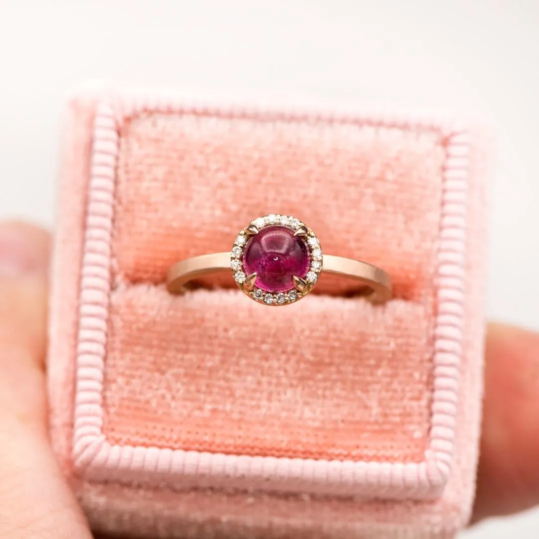 Pink Tourmaline & White Diamond Halo Rose Gold Cocktail Ring, size 4 to 9