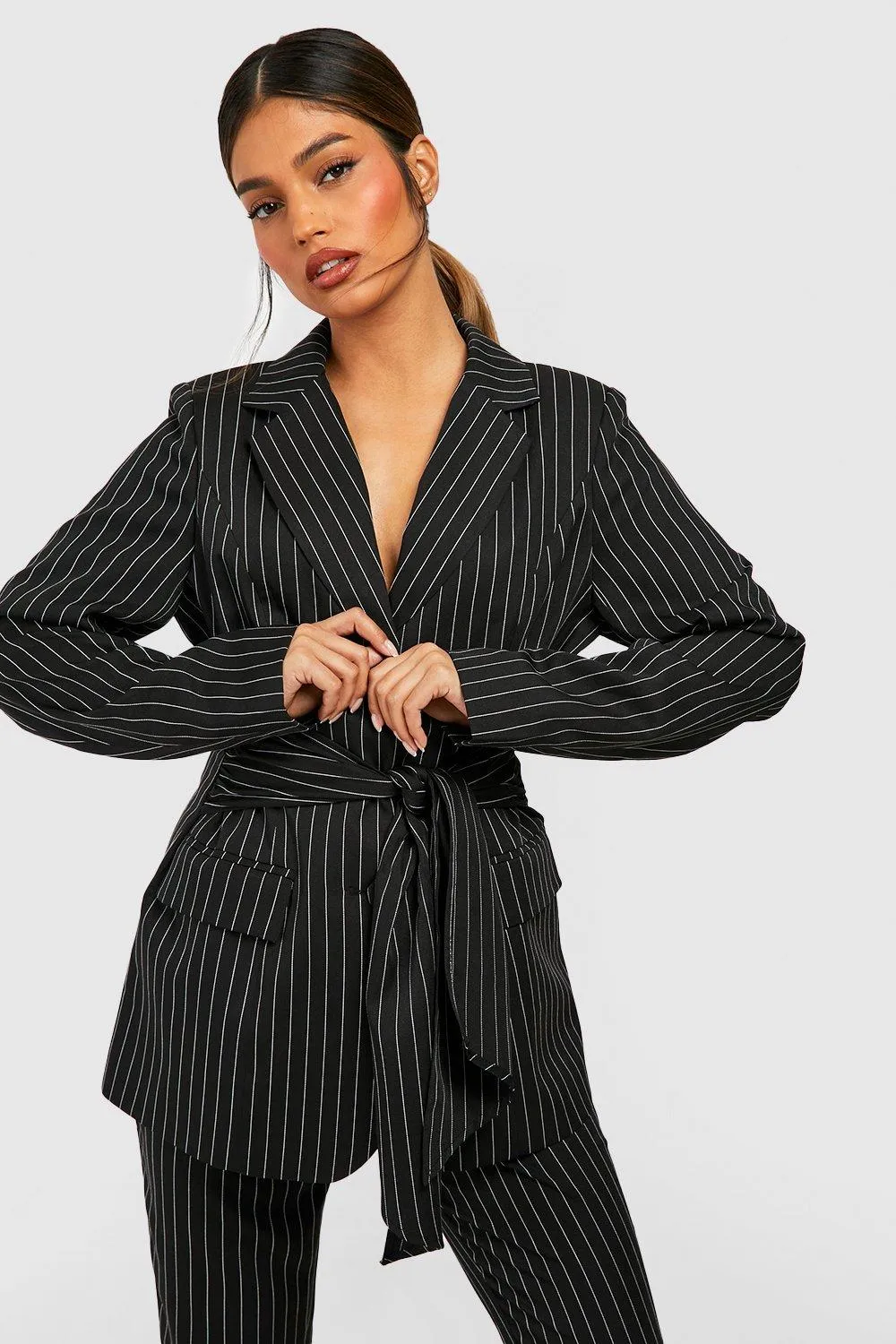 Pinstripe Tie Waist Fitted Tailored Blazer