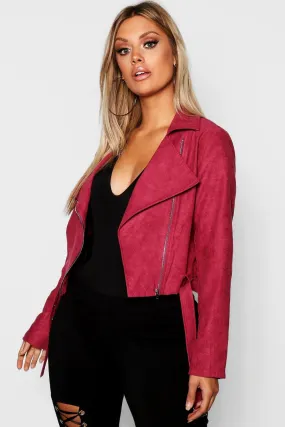 Plus Belted Faux Suede Cropped Moto Jacket