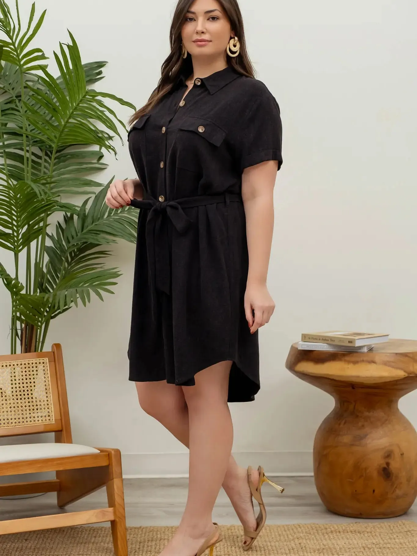 Plus Collared Button Down Belted Mini Dress