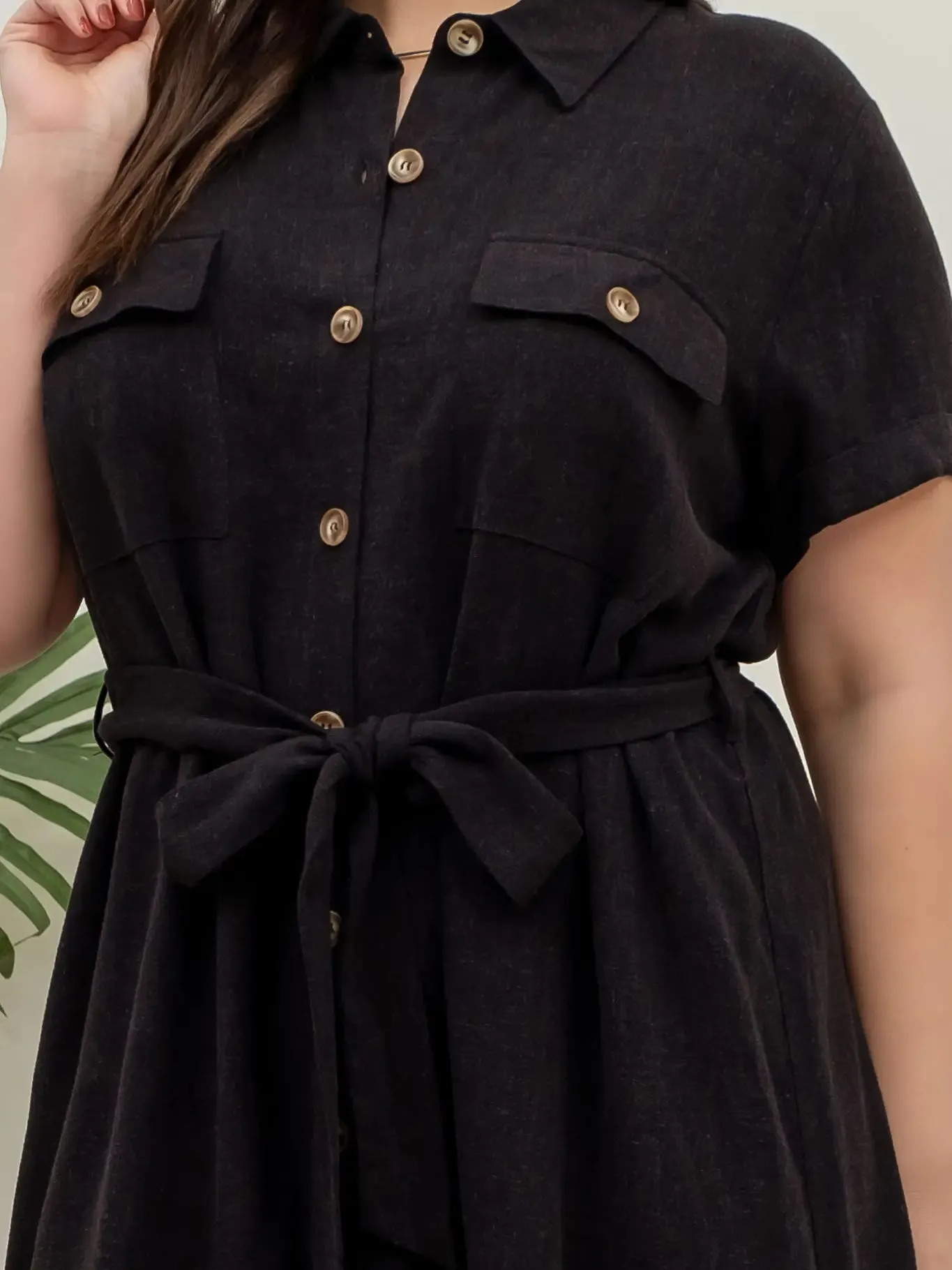 Plus Collared Button Down Belted Mini Dress